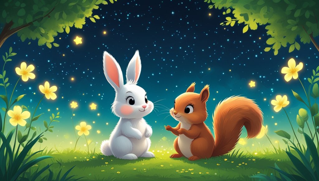 Fluffy white bunny and curious squirrel on grassy field under starry sky with glowing yellow flowers.