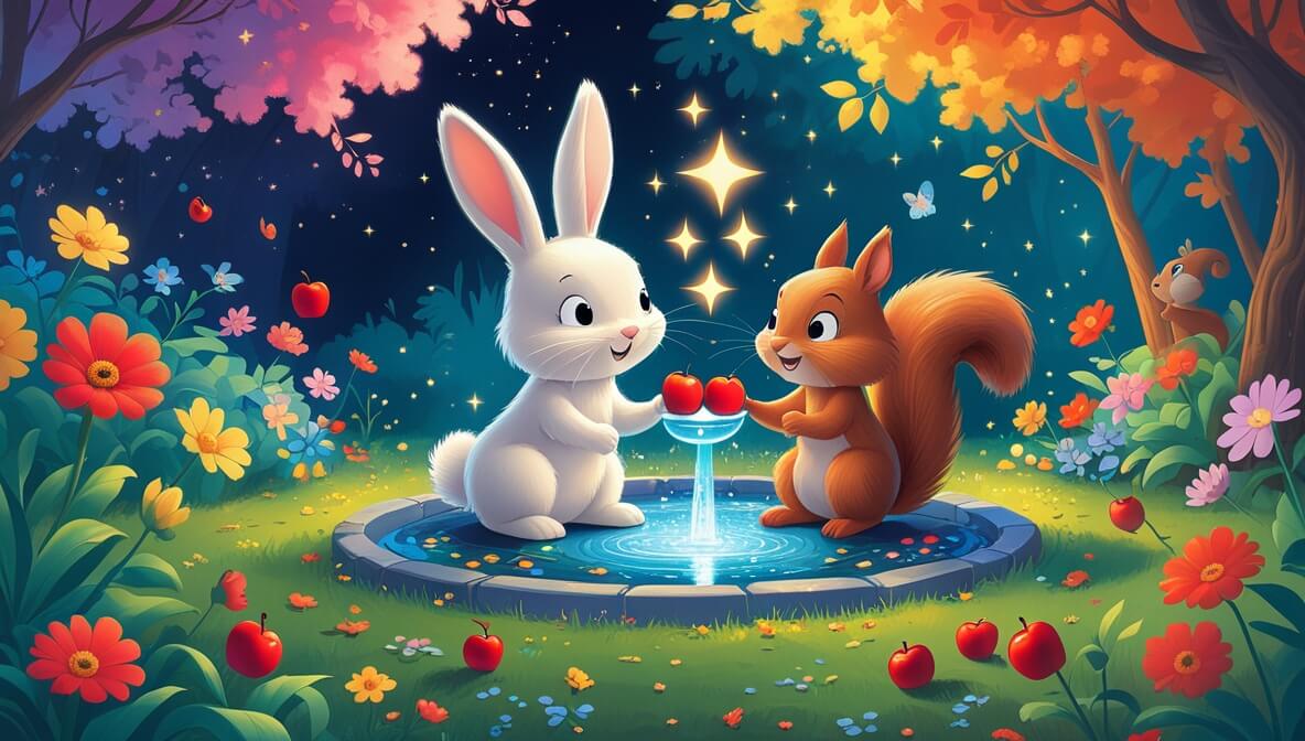 Flopsy the bunny and Whiskers the squirrel in a magical garden with vibrant flowers and a shimmering fountain.