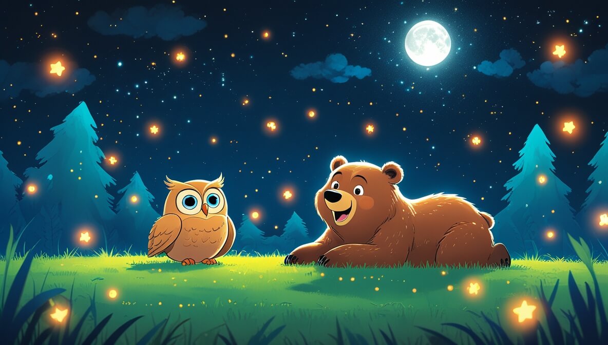 Bear and owl on grassy field with fireflies, under a starry night sky and glowing silver moon, faces joyful.