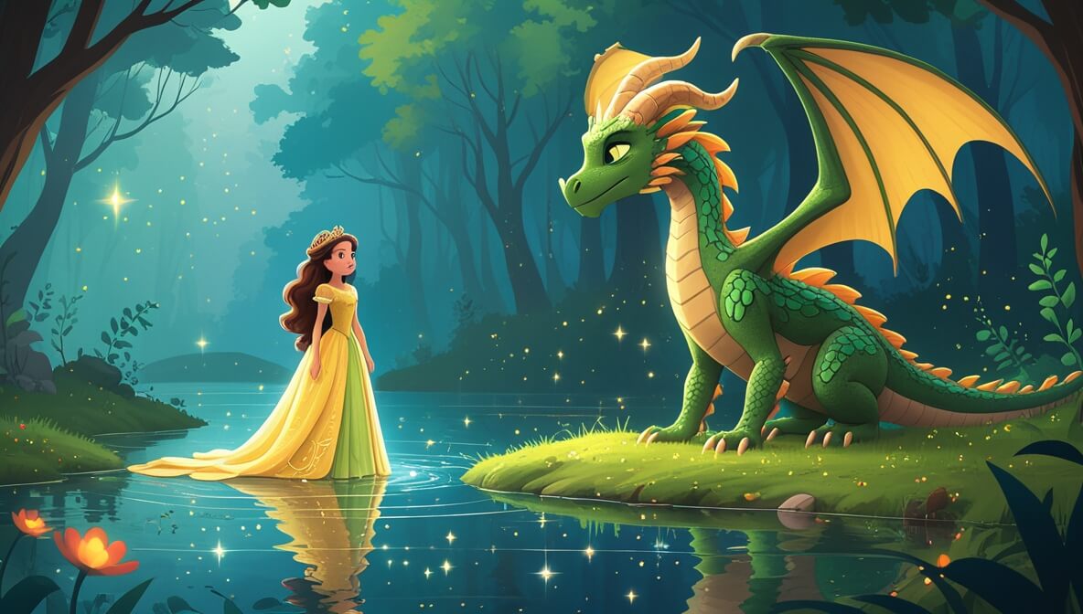 Princess Arabella by a shimmering lake, Sir Rowan beside her, watched by Dragon Ember in an enchanted forest.