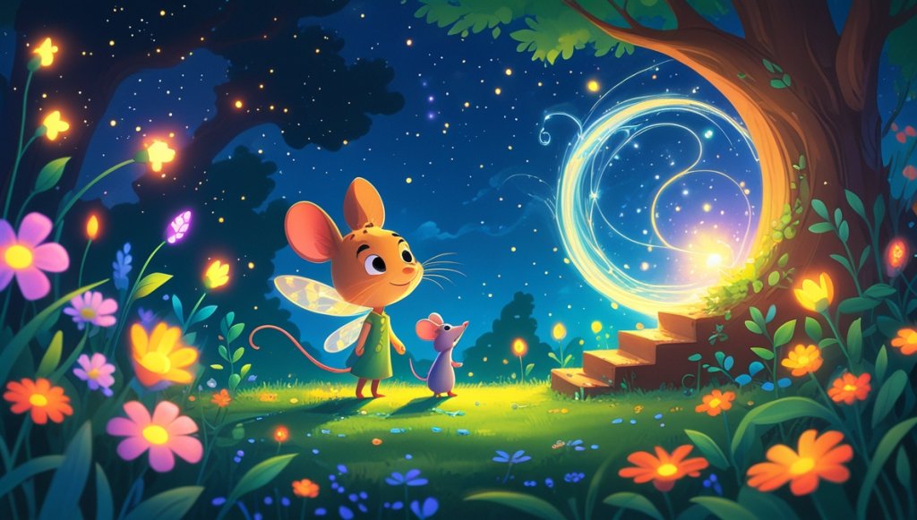Firefly and mouse in an enchanted garden, gazing at a shimmering portal under a starry, swirling sky.