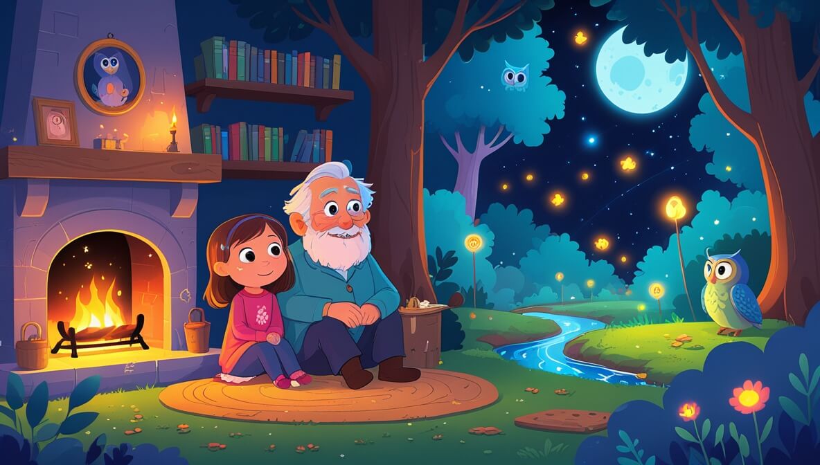 A young girl and her grandfather by a fireplace, with a magical forest scene and a starry sky in the background.
