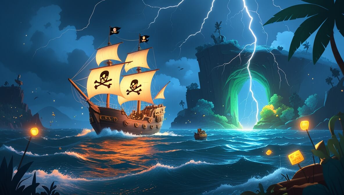 Pirate ship braving a stormy sea, lightning flashes, Captain Brindle leading to a treasure cave in the distance