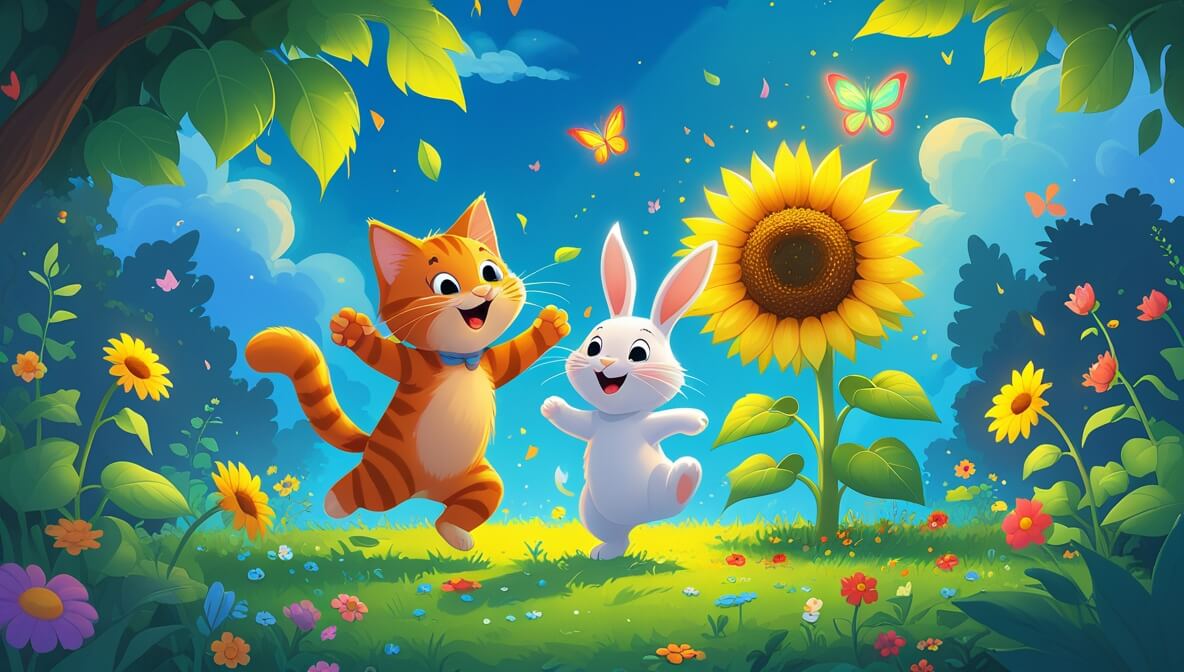 Kitten and bunny dancing by a glowing sunflower in a vibrant garden with colorful flowers and a fluttering butterfly.