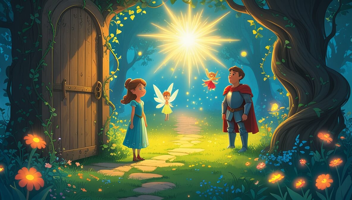 Princess, fairy, and knight at a vine-covered door; glowing flower path leads to a magical land in a sunlit garden.