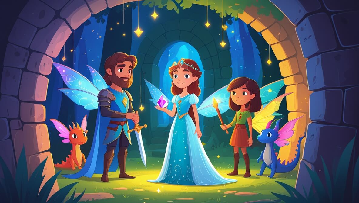 Princess Isolde in a glowing labyrinth with Sir Cedric, Fairy Lira, and Dragon Thorne, holding a radiant gem.