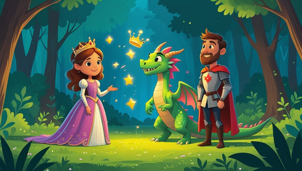 Princess Marigold and Fizzle the dragon juggle a crown in a lush forest, with Sir Bracken smiling nearby.