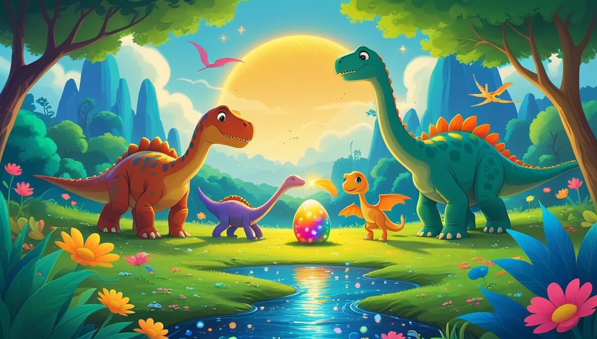 Zumu, Fira, and Lio watch Rimu the baby dinosaur hatch near a river, colorful flowers, and a rising sun.