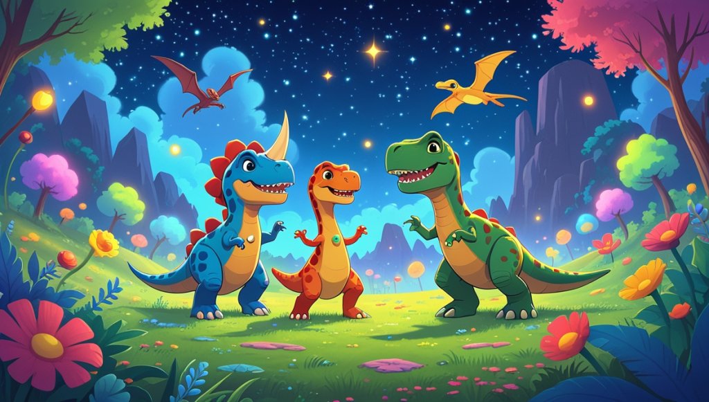 Dinosaurs dancing joyfully in a colorful flower-filled valley under a starlit sky with glowing stone necklaces.