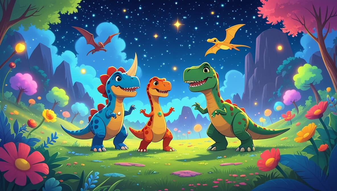 Dinosaurs dancing joyfully in a colorful flower-filled valley under a starlit sky with glowing stone necklaces.
