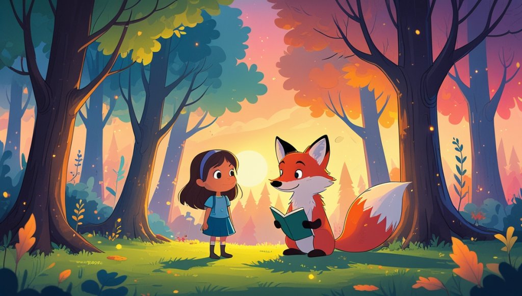 Curious girl and wise fox in an enchanted forest at sunset, surrounded by whispering trees and warm sky hues.