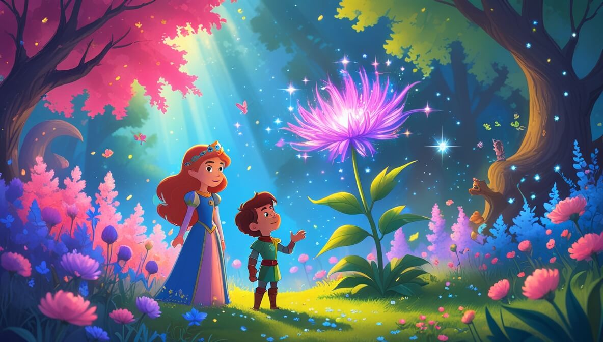 Princess Cressida and Knight Leon admire a glowing flower in a sunlit garden with vibrant pink, purple, and blue blooms.