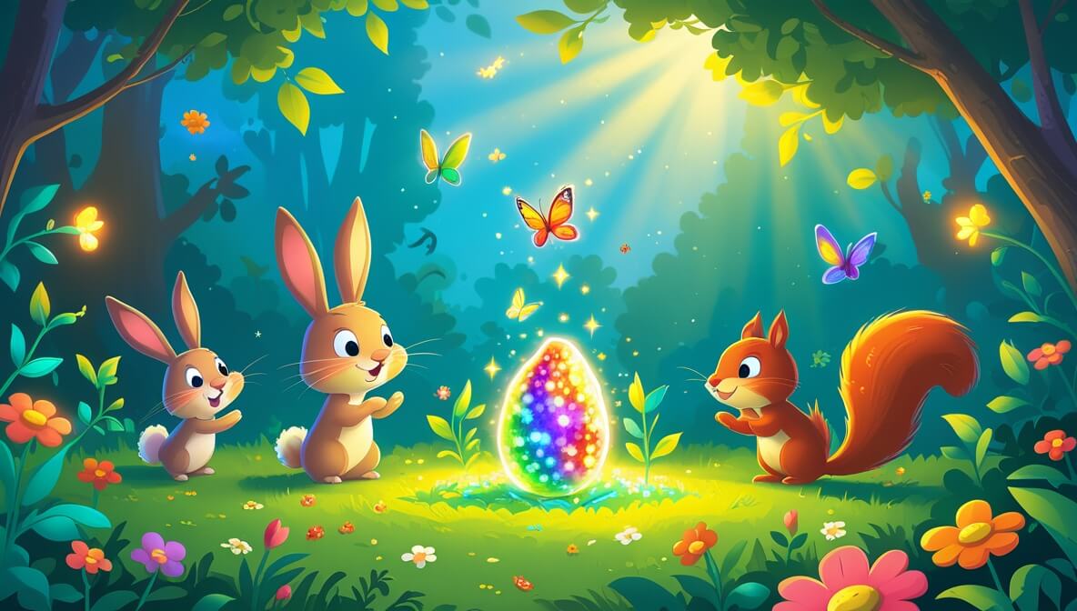 Curious bunny, cheerful robin, and adventurous squirrel watch a butterfly emerge in a vibrant garden under bright sunlight.