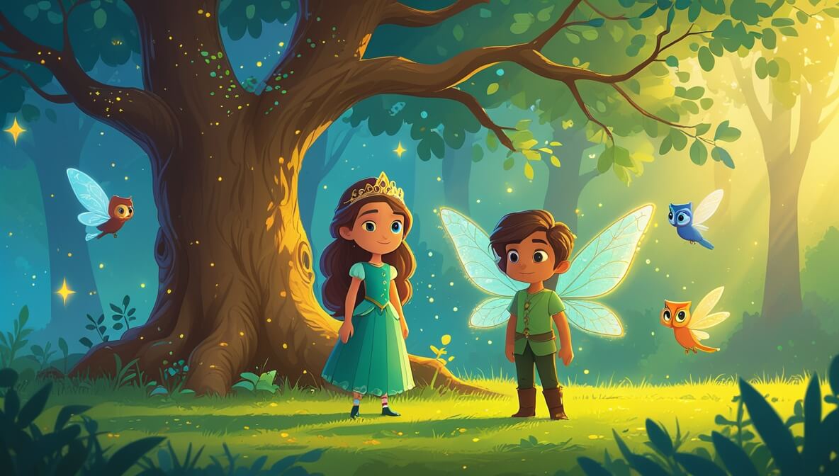 Princess Liora and Sir Bramble in a glade, with fairy Mira and owl Whisper under an emerald and gold oak tree.