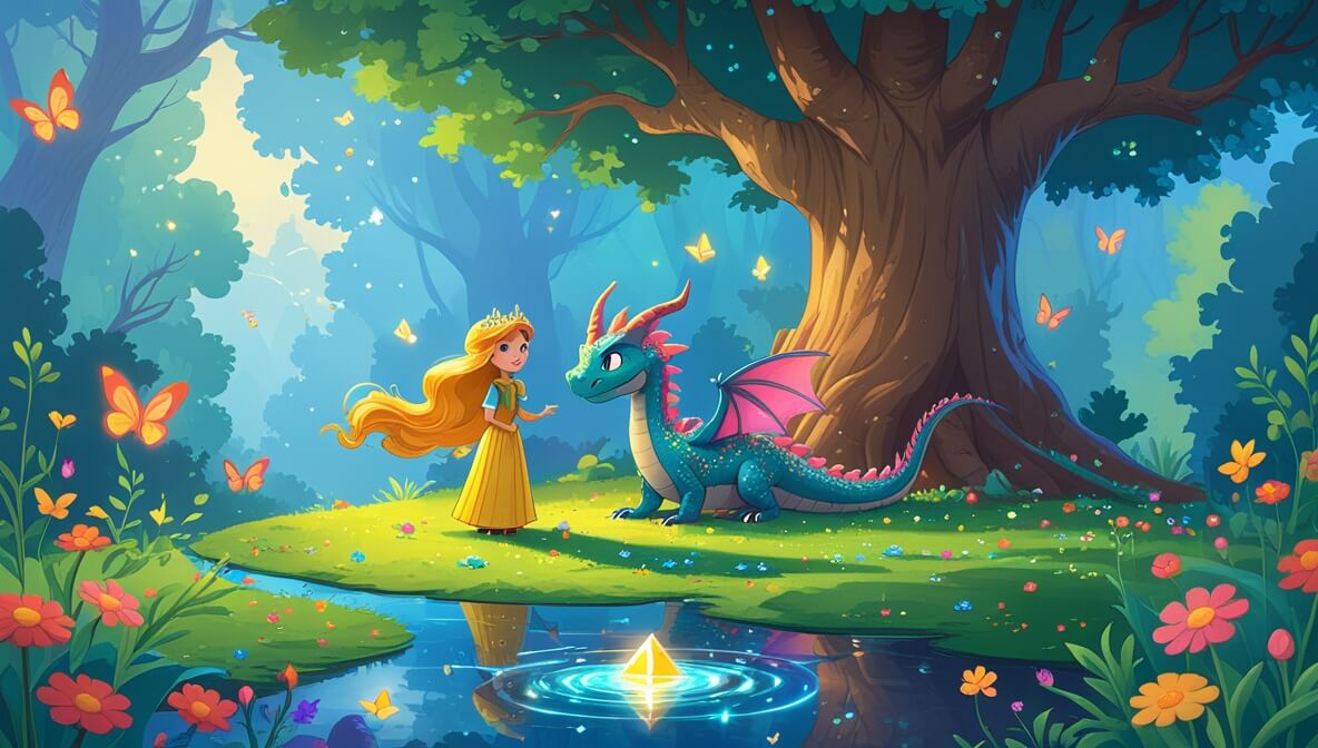 Princess with golden hair and a shimmering dragon beside a wise tree in a vibrant flower-filled forest clearing.