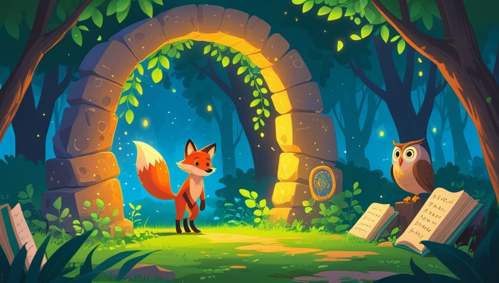 Fox and owl in a magical forest clearing, glowing stone archway with ancient runes illuminating the scene.