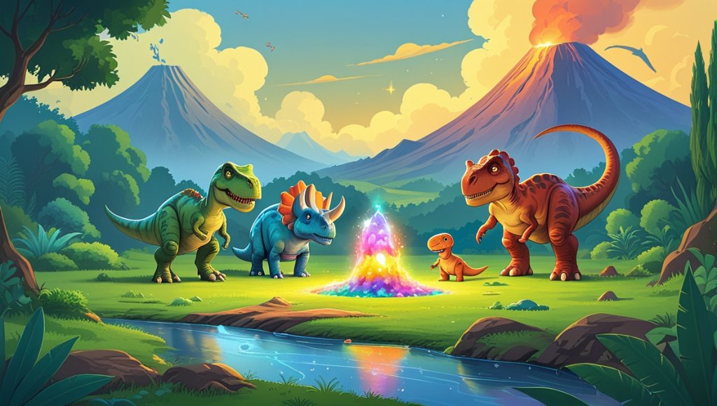 Friendly dinosaurs gather around a glowing rainbow stone in a lush valley with a distant Great Volcano.