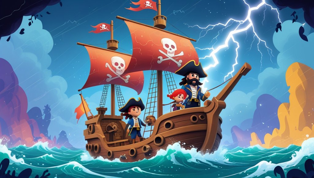 Pirate ship battling stormy seas; Captain Finn, Milo with a map, and Ruby holding mast under lightning-filled sky.
