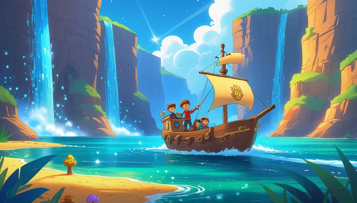 Pirate ship in a blue lagoon, cliffs, and waterfall, glimmering island with gold under a bright sunlit sky.