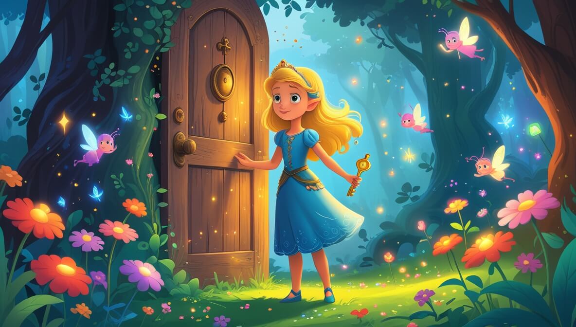 Princess with golden key in a vibrant forest, surrounded by sparkling flowers and whimsical fairies.