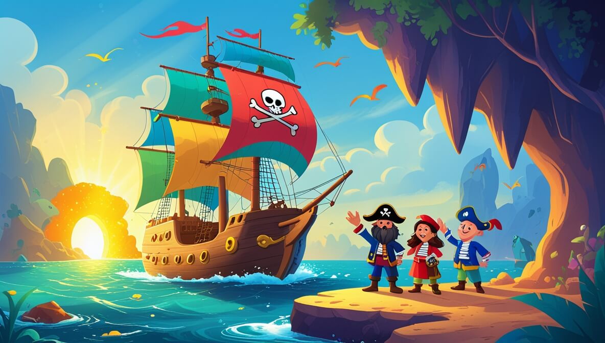 Pirate ship with colorful sails, Captain Thistlebeard at helm, golden glow from cave entrance, crew cheering.