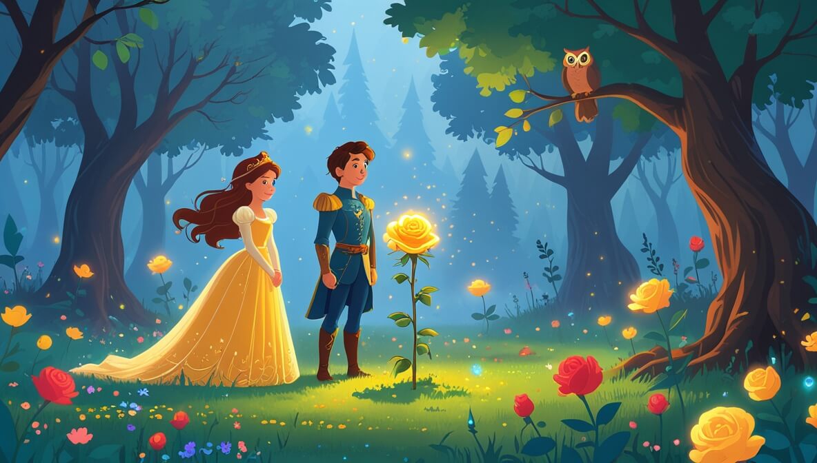 Princess and prince with a glowing rose in a magical meadow, surrounded by colorful flowers and a wise owl above.