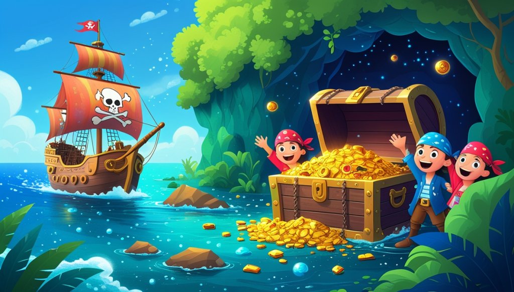 Pirate ship on blue sea, treasure chest in cave, joyful pirates with colorful bandanas on lush green island