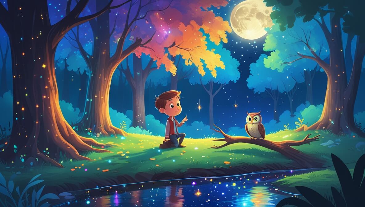 Moonlit forest with rainbow trees, young inventor Finnick, wise owl Olwen, and a sparkling starlit stream.