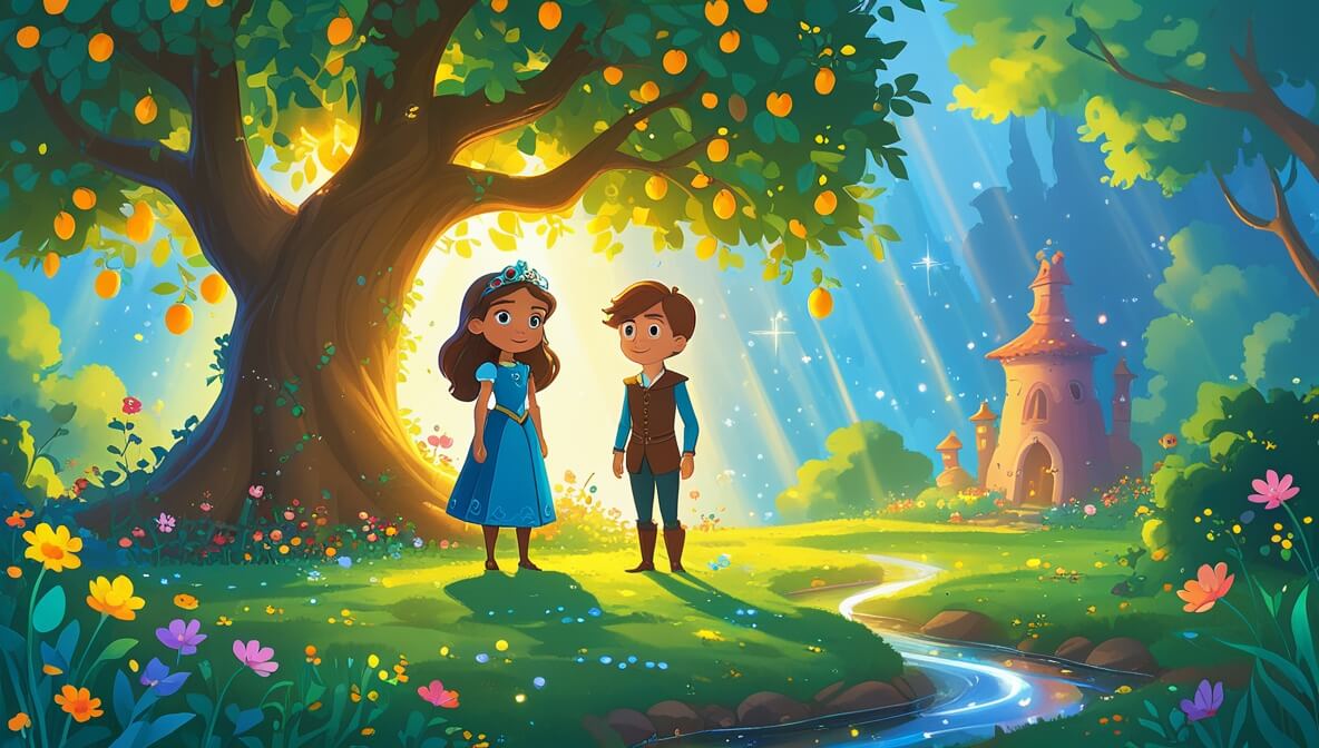 Princess Evalyn and Jasper in a magical garden with golden fruit, colorful flowers, and a sparkling stream.