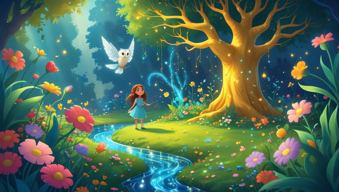 Princess Aria in a magical garden with vibrant flowers, a golden tree, and an Enchanted Owl with silver feathers.