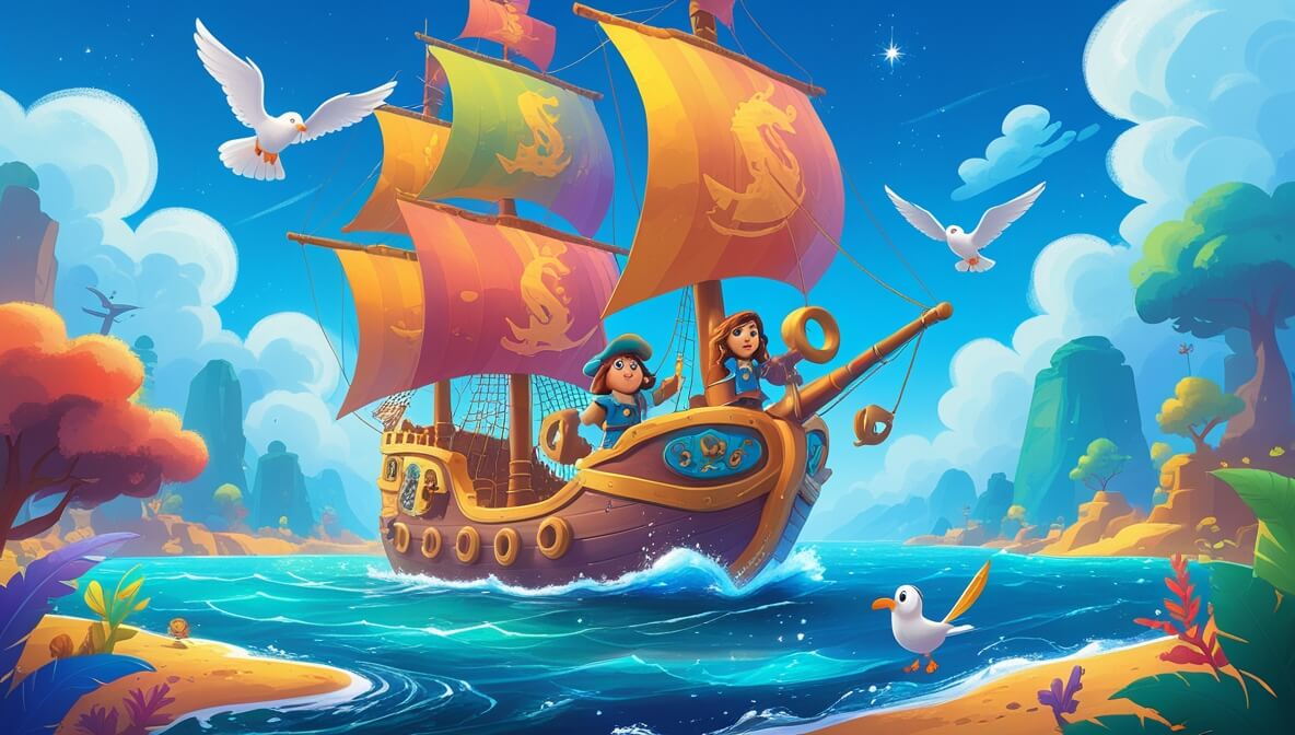 Captain Felix at the Sea Serpent's helm, vibrant sails, Mira with a map, Gulliver the seagull above shimmering sea.