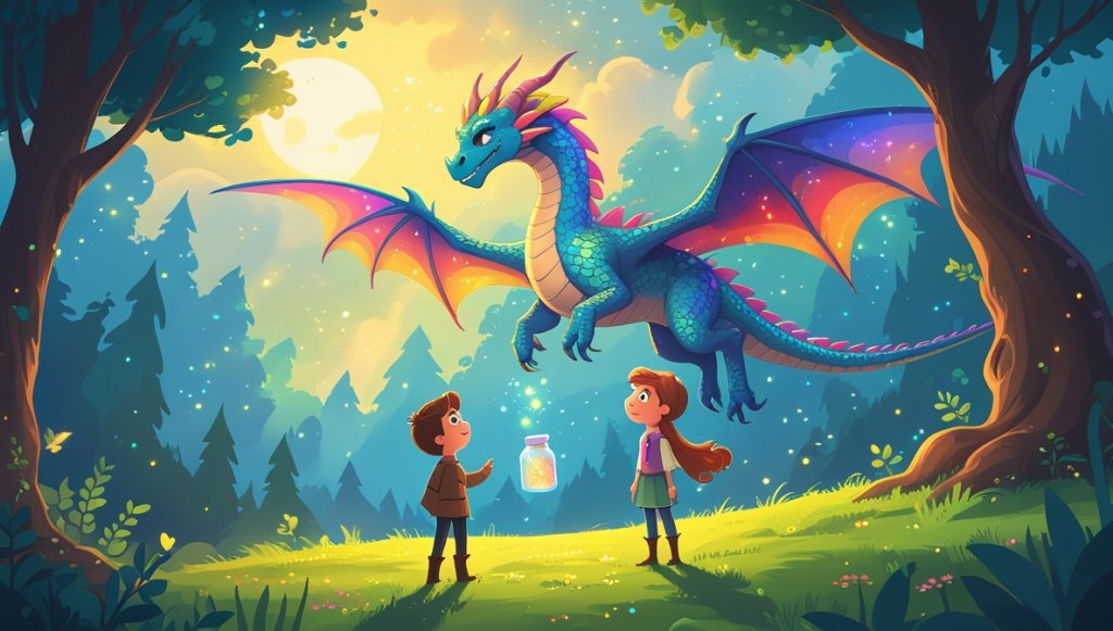 Rainbow-scaled dragon soaring above a mystical forest, with a brave princess and clever boy watching in wonder.