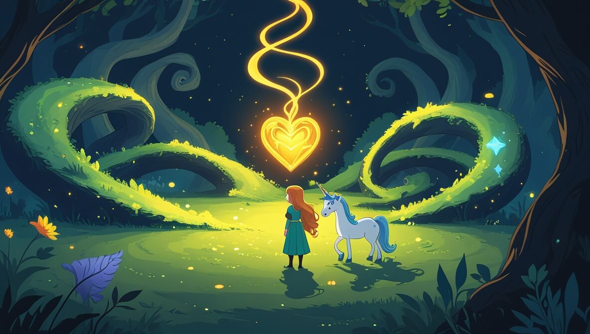 Princess with golden hair and unicorn in a glowing labyrinth, Heart of Lumina shining warmly in the center.
