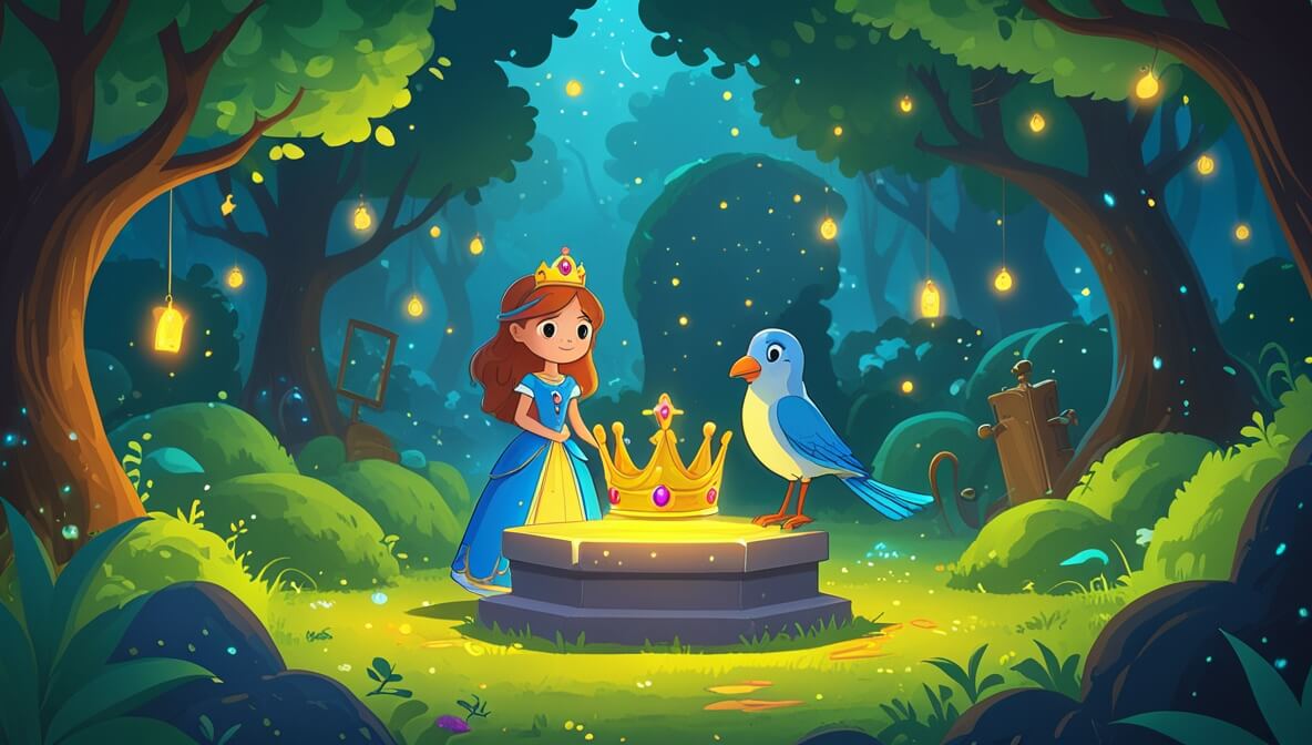 Brave princess and magical bird near glowing crown in enchanted golden labyrinth with mystic greenery.