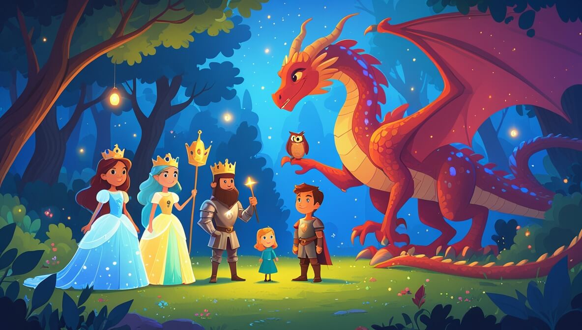 Princess in a glowing gown, wise king, mischievous sorceress, knight with owl, facing a dragon in a magical forest.
