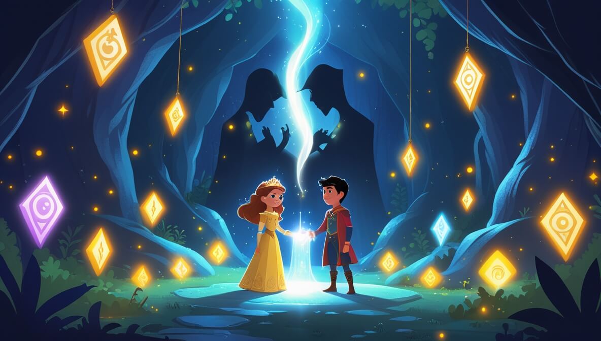 Princess Aria and Prince Orion in a glowing cave, breaking a curse with magical light and courage.