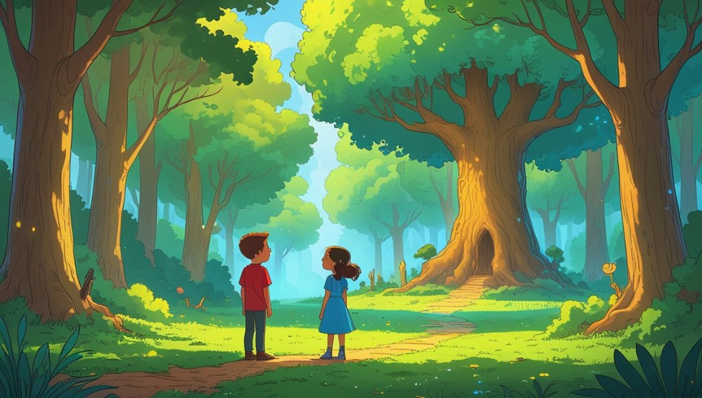 Finn and Lila in a sunlit forest clearing meet Willow, the wise tree spirit, on a shimmering path.