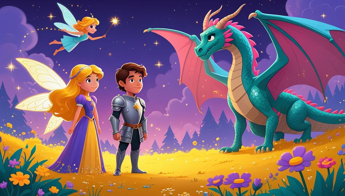 Princess with golden hair, knight, fairy, and dragon in a flower-filled landscape under a purple sky.