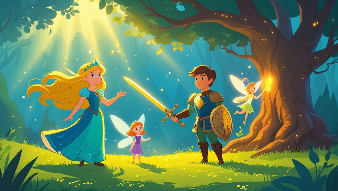 Brave princess, armored knight, and glowing fairy stand by a radiant tree in a sunlit forest glade.