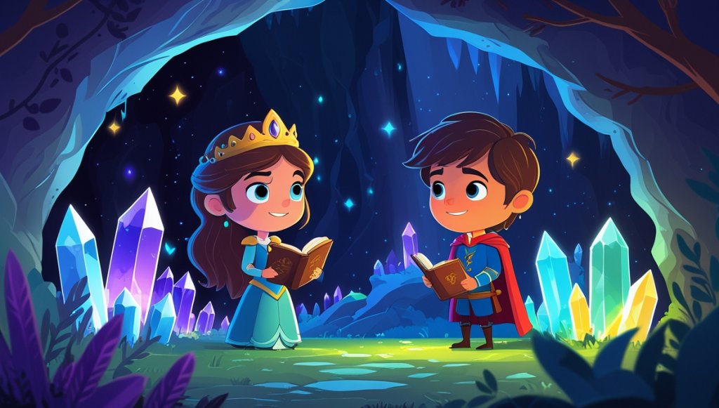 Brave princess and prince inside a cave with glowing crystals, holding an ancient spellbook with determination.