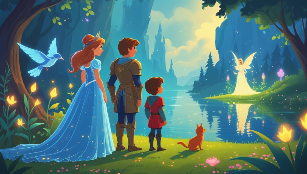Princess in gown, knight in armor, and nightingale by a glowing, enchanted lake with an enchantress and glowing flora.