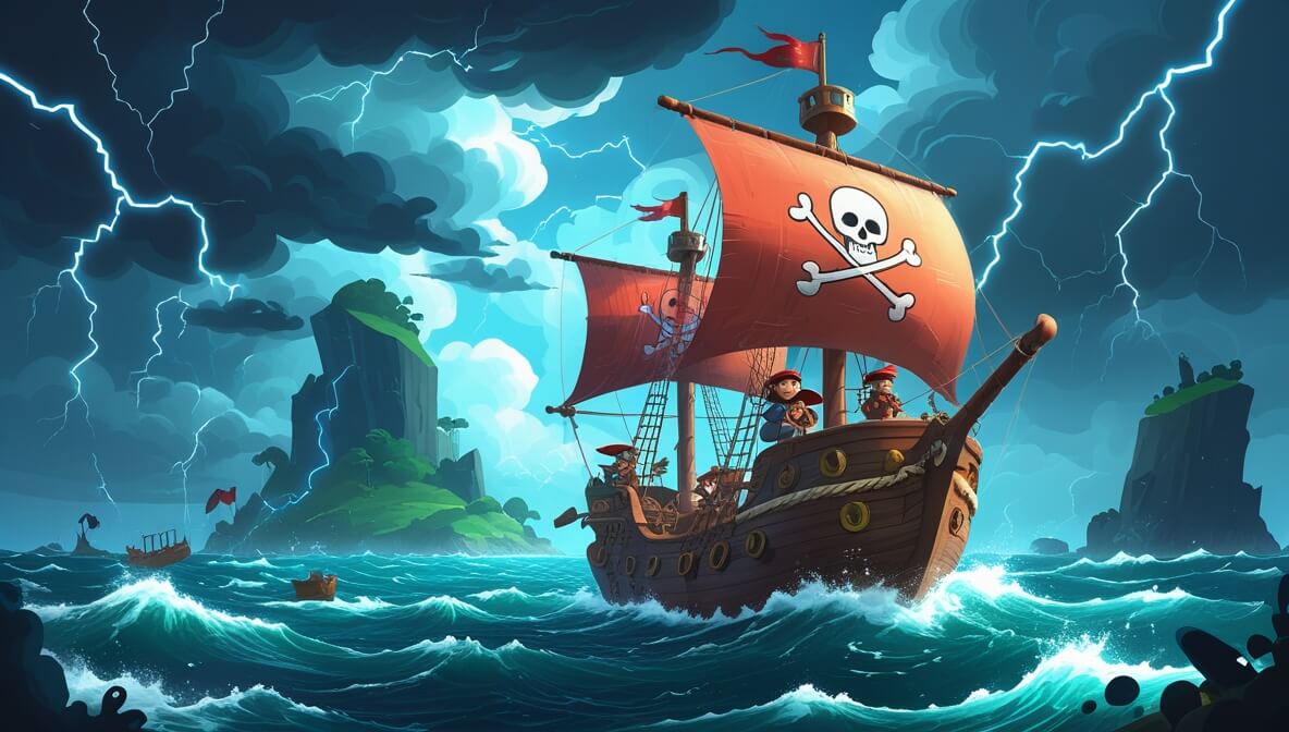 Pirate ship braving stormy seas, Captain Grimshaw steering, with crew battling waves, mysterious island ahead.