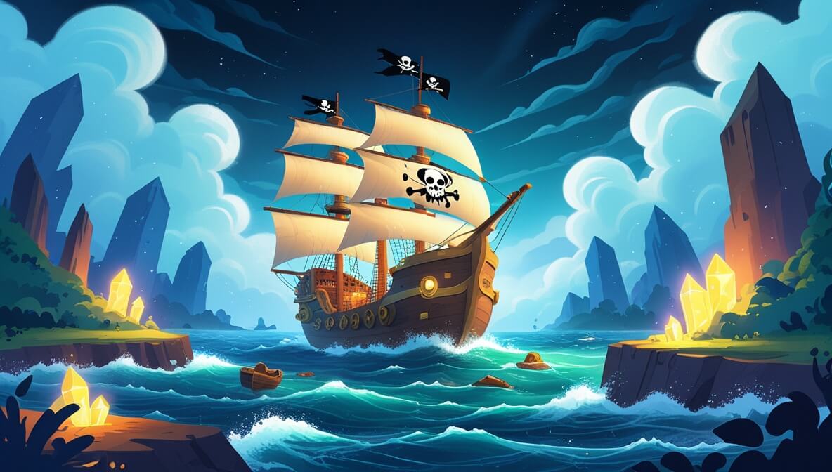 Pirate ship in stormy sea, Captain Brine leads crew to glowing cave on a mysterious island with shimmering crystals.