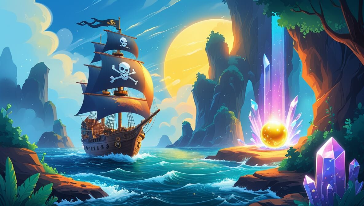 Pirate ship in stormy seas, dawn over misty island, hidden lagoon, glowing golden pearl in crystal cave.