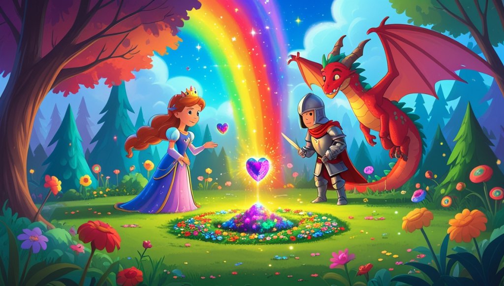 Princess places Heartstone in magical garden; knight and dragon watch as vibrant colors fill the sky.