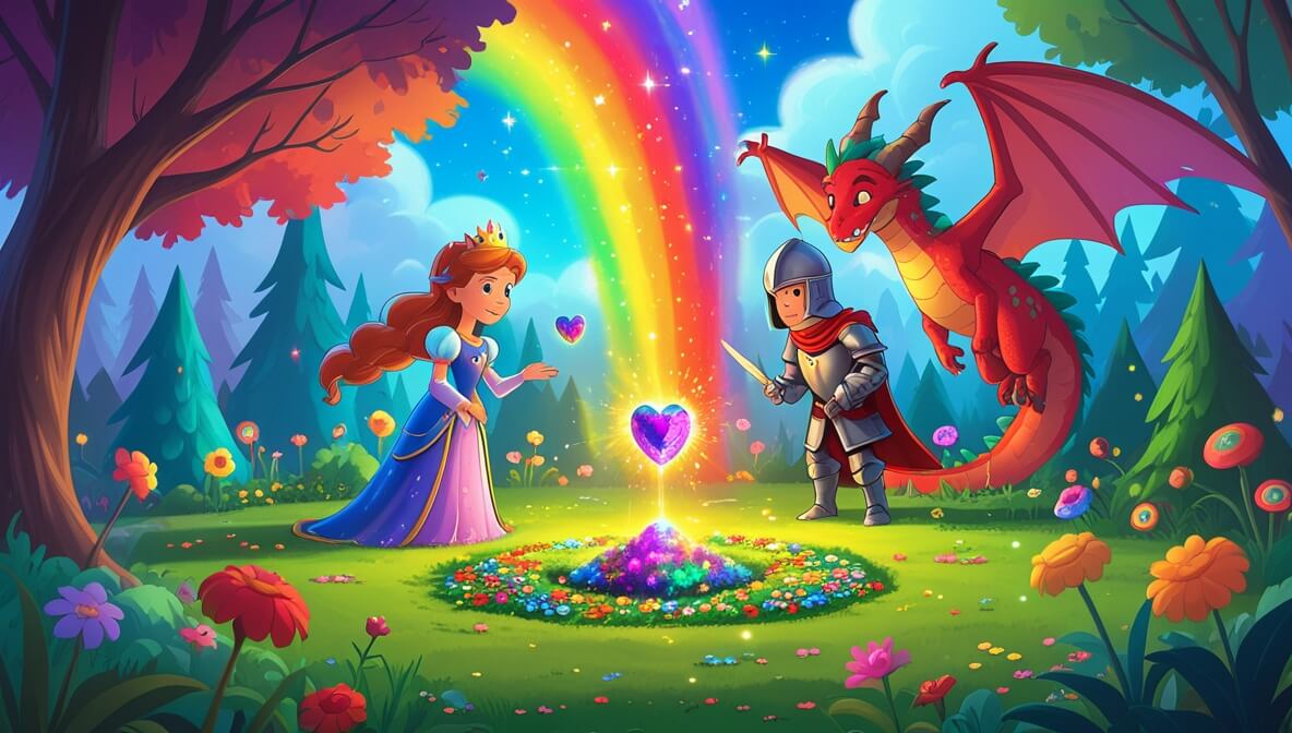 Princess places Heartstone in magical garden; knight and dragon watch as vibrant colors fill the sky.