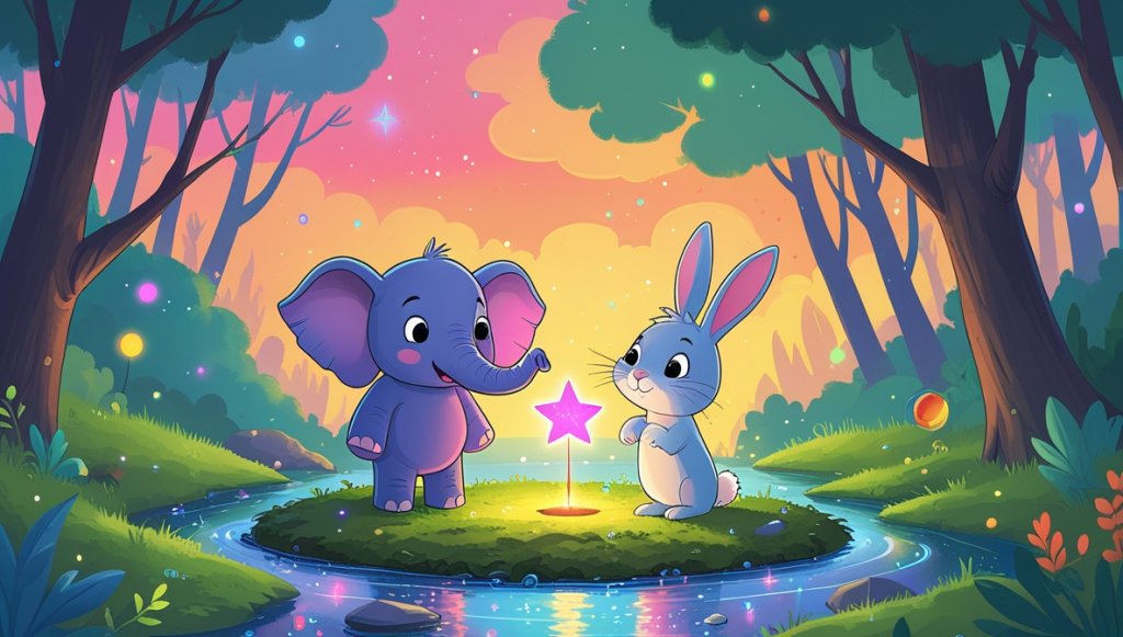 Elephant and bunny by a sparkling stream, forest backdrop, sunset sky in pink and orange, Rainbow Star glowing.