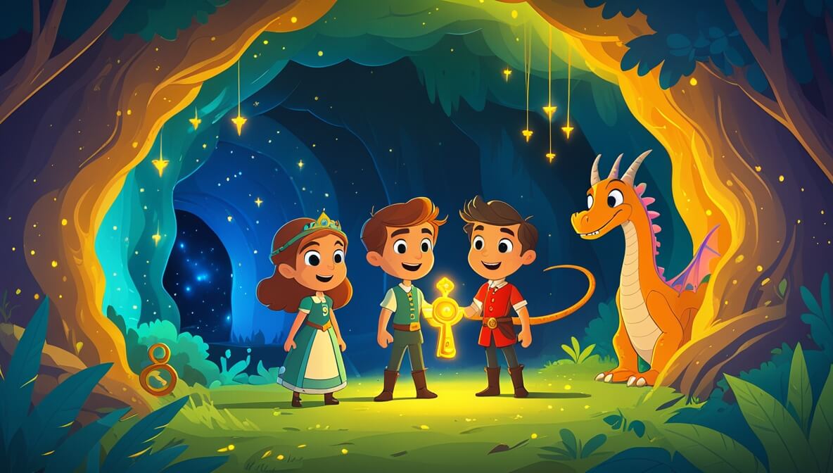 Princess, knight, and dragon in a glowing cave, enchanted key illuminating their excited faces amidst sparkling walls.