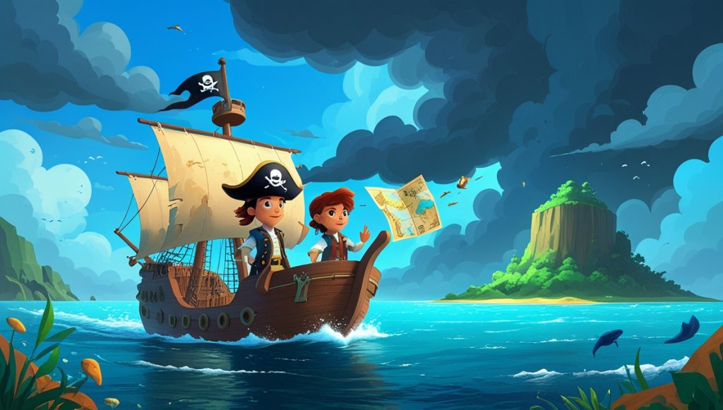 Pirate captain on ship's bow with crew and treasure map, sailing towards island, storm clouds looming.