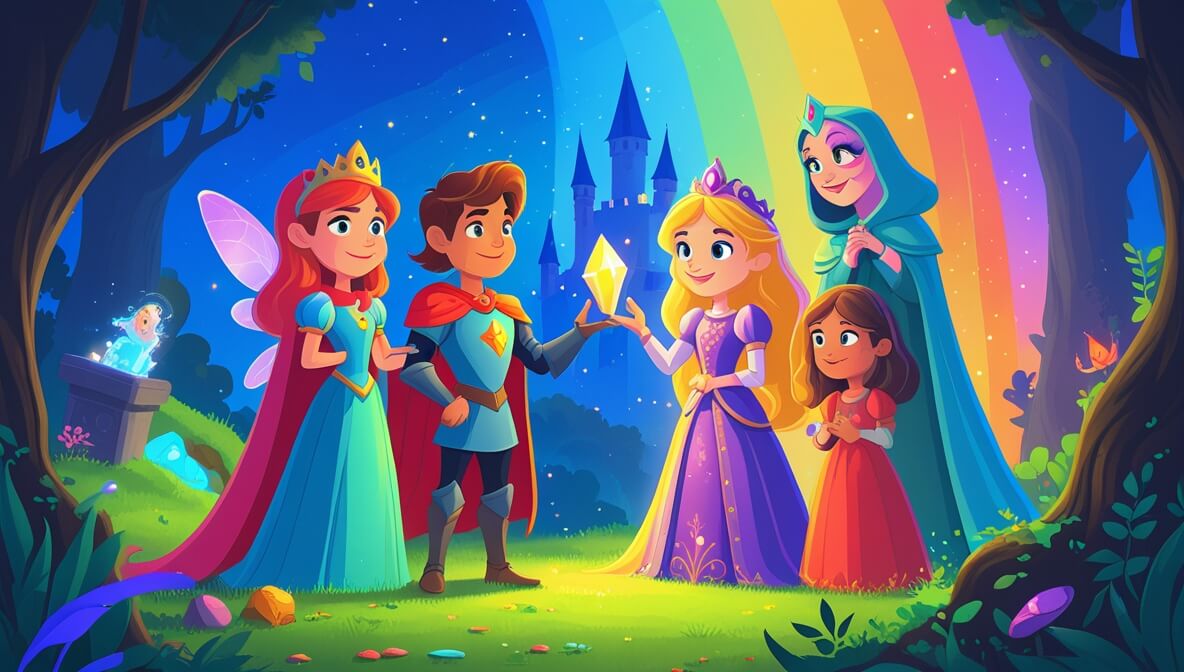 Princess with a glowing crystal, knight, fairy godmother, and sorceress in a rainbow-lit tower.
